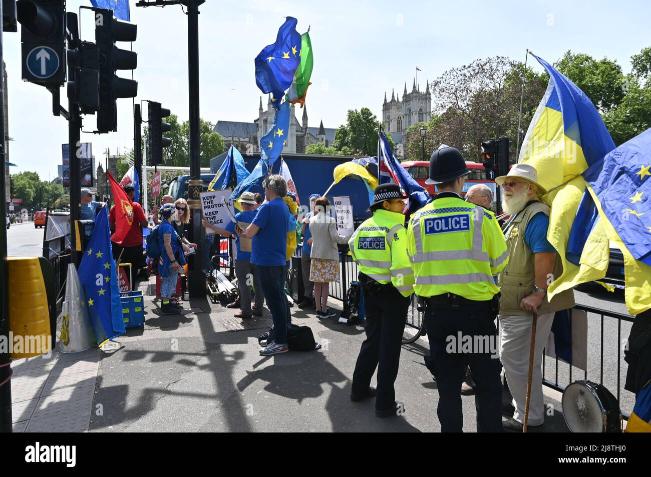 AntiBrexit protest against Liz Truss nonesense blaming Northern Ireland protocol, is not the problem Brexit is the problem at Parliament Square, London, UK. - 18 May 2022. Stock Photo