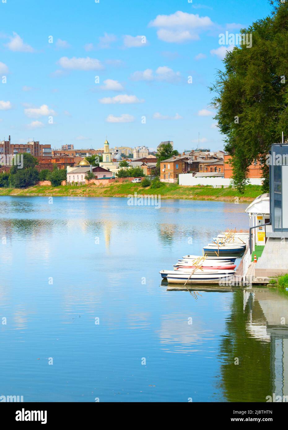 Kharkiv river in a bright sunny day. Panorama of the city. Kharkiv