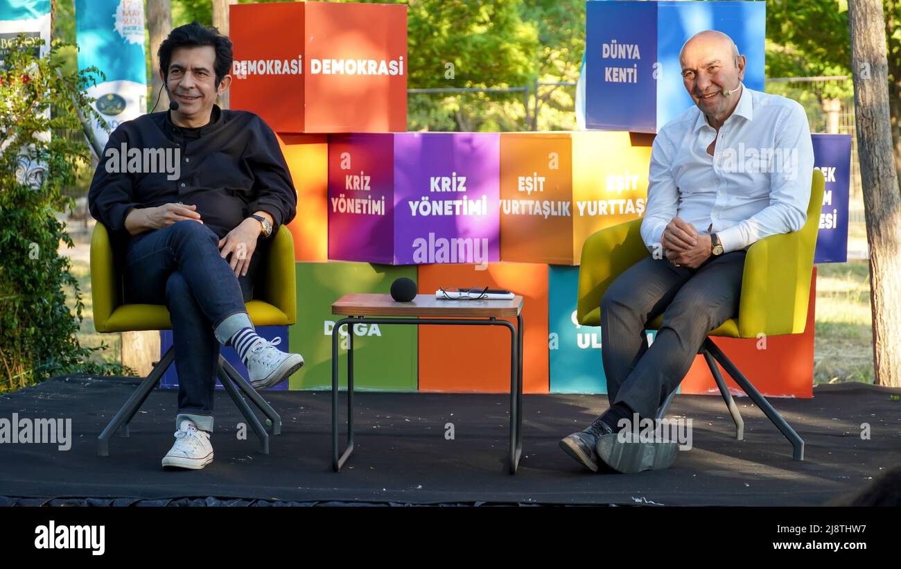 May 17, 2022, Izmir, Turkey, Turkey: As part of the Izmir Youth Festival, Izmir Metropolitan Municipality Mayor Tunc Soyer and famous Turkish TV personality;  actor, talk show host, director and productor Okan Bayulgen met with the youth in an interview in the Inciralt? City Forest. Conversations were held on current events, politics, media, communication and youth issues on the agenda of the world and Turkey. (Credit Image: © Idil Toffolo/Pacific Press via ZUMA Press Wire) Stock Photo