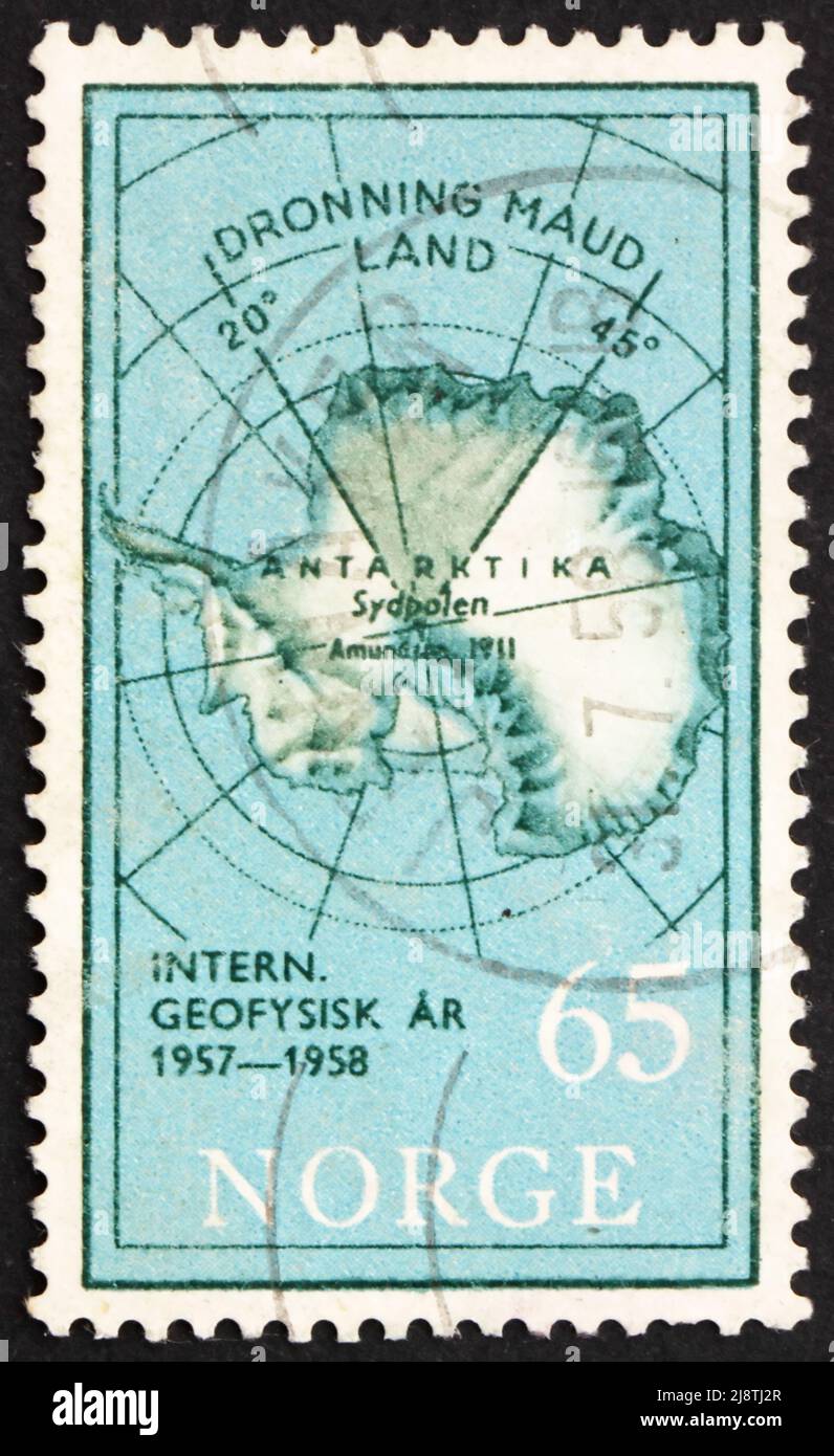 NORWAY - CIRCA 1956: a stamp printed in the Norway shows Map of South Pole with Queen Maud Land, International Geophysical Year, circa 1956 Stock Photo