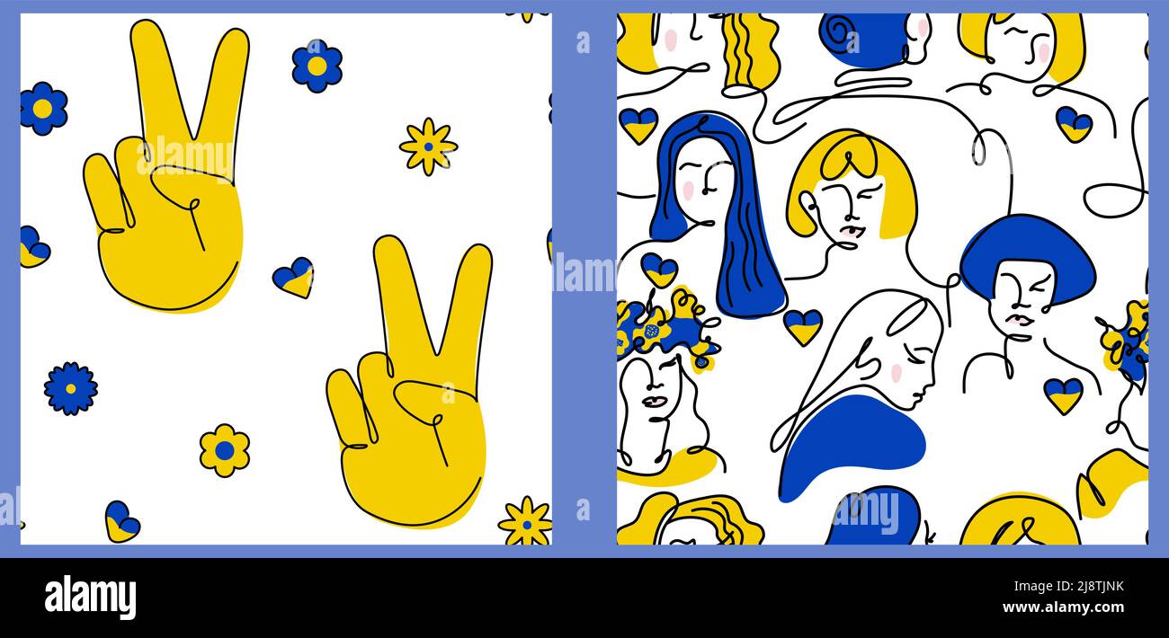 Traditional Ukrainian seamless pattern, with woman and peace sign. Vector illustration global politics, NO WAR, aggression problem picture in one line Stock Vector