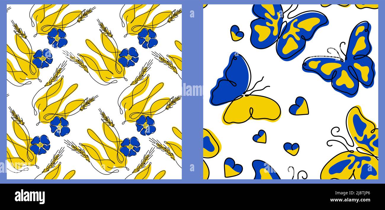 Tradition Ukrainian seamless pattern, with coat of arms and butterflys. Vector illustration global politics, NO WAR, aggression problem picture in one Stock Vector