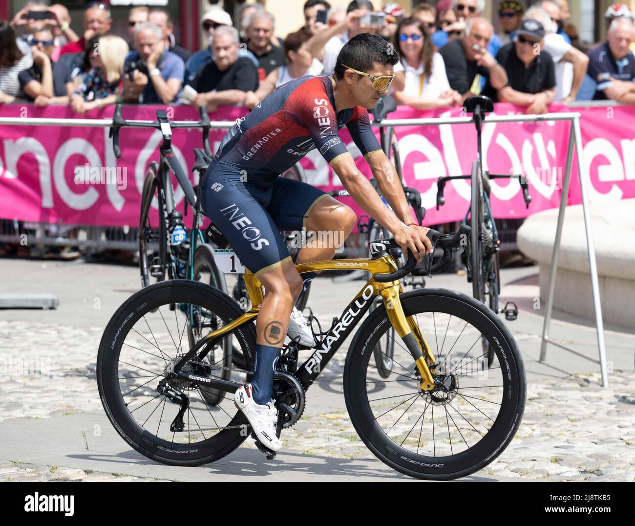 May 18, 2022, REGGIO EMILIA, ITALY: Ecuadorean rider Richard Carapaz of  INEOS- Grenadiers team, at the start of the eleventh stage of the 105th  Giro d'Italia cycling tour, a race of 203