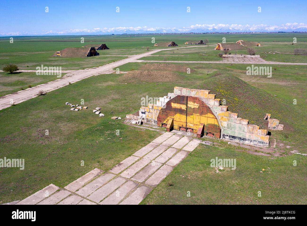 Military Aircraft Hangar on Abandoned Big Shiraki Soviet, russian airbase in Georgia country, Georgia Stock Photo