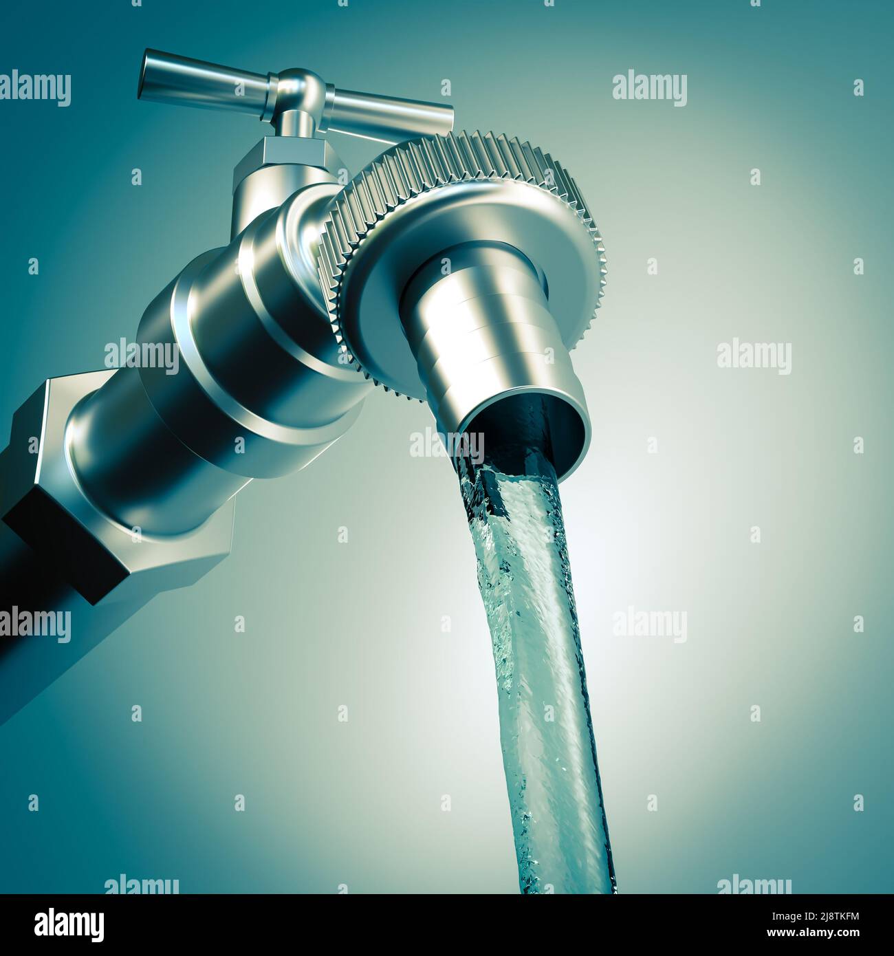 metal faucet with gushing water. 3d render Stock Photo