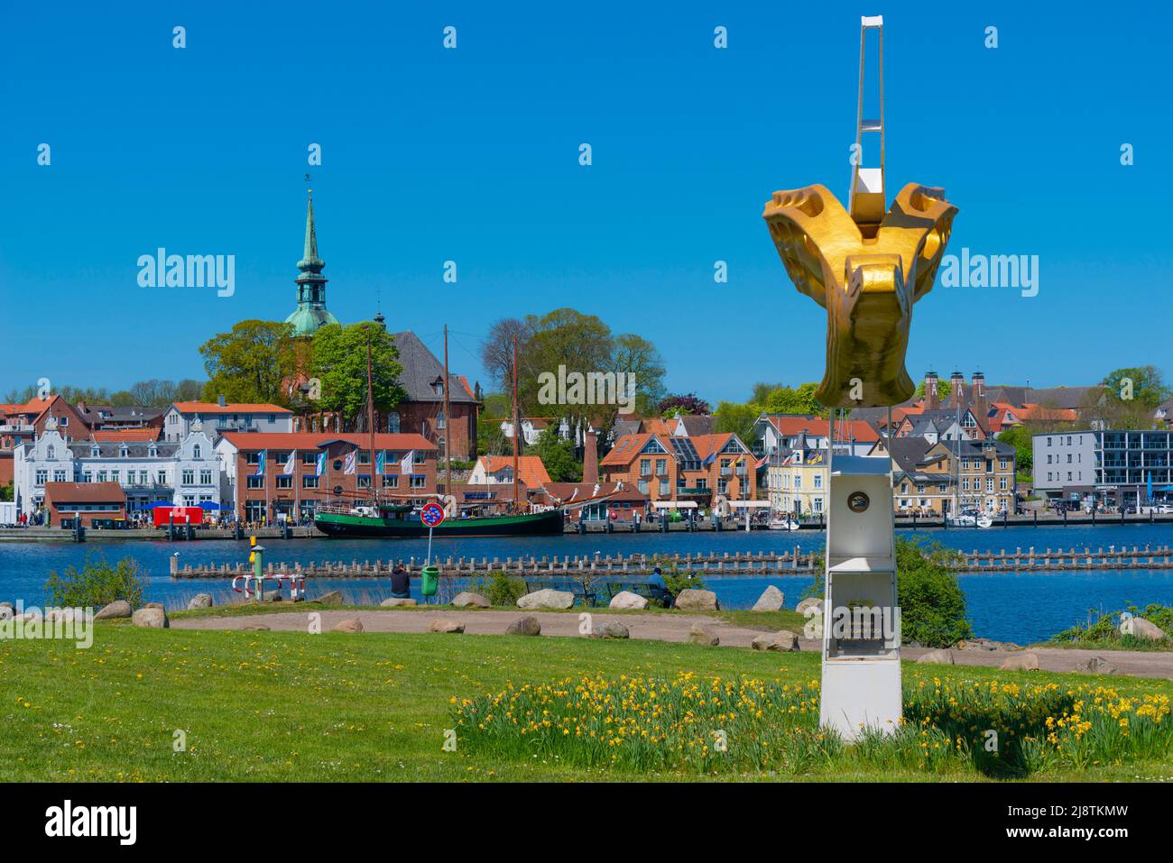 Small town Kappeln on the Schlei Fjord, panoramic view across the Fjord, figurehead of tall ship "Gorch Fock", Schleswig-Holstein, Germany, Europe Stock Photo