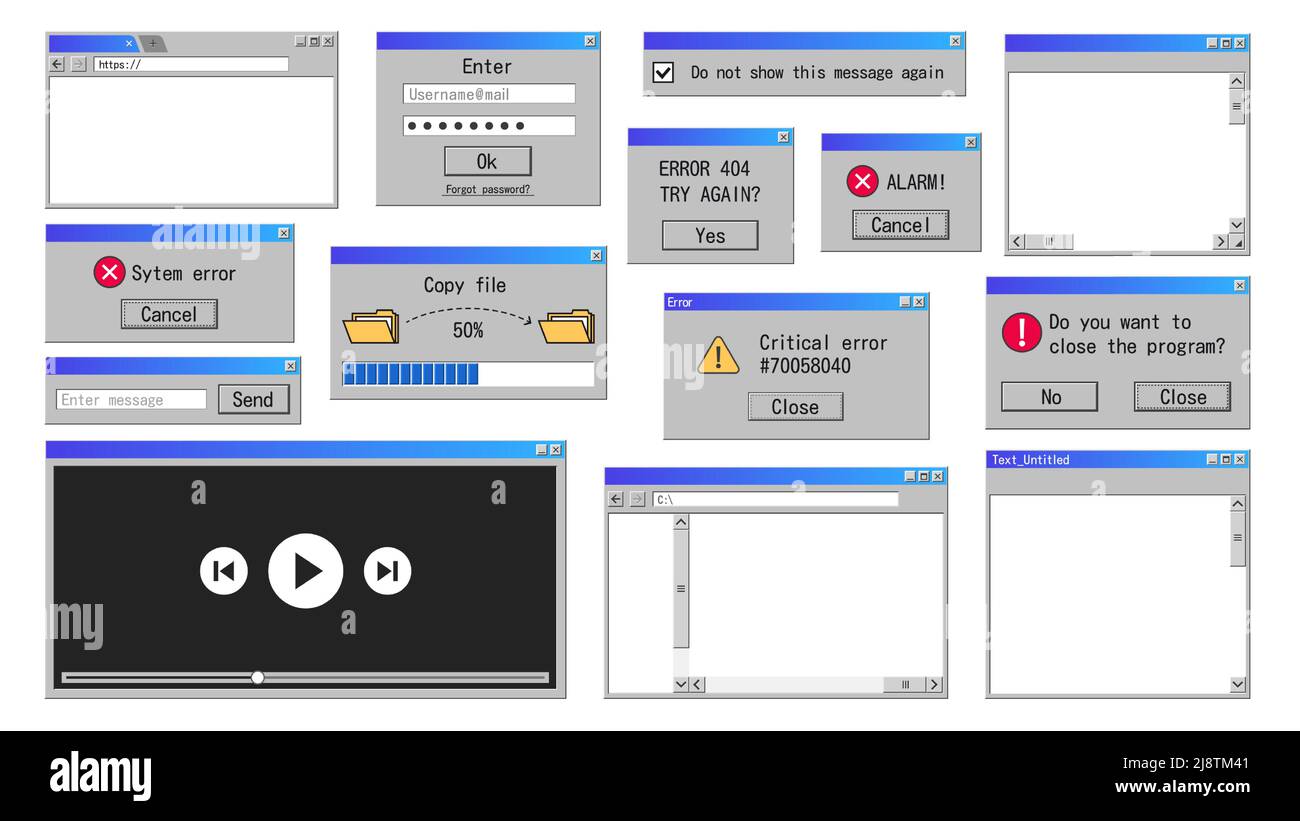 Old interface windows. Retro error message, internet browser and file manager classic software design. Vector old system elements Stock Vector