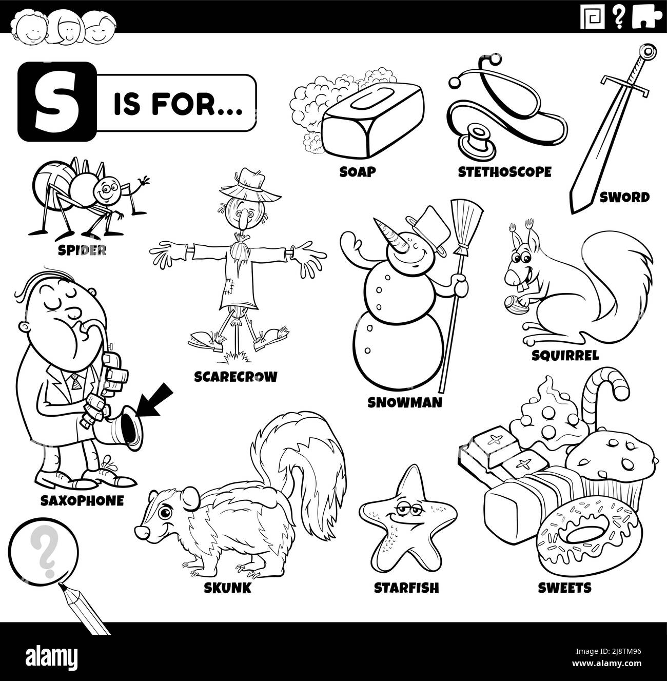 Black and white educational cartoon illustration for children with comic characters and objects set for letter S coloring book page Stock Vector