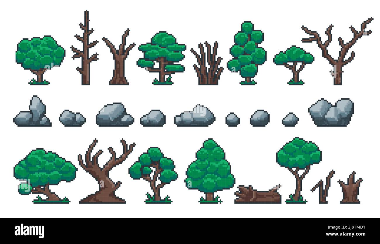 Pixel plants and stones. Retro 8 bit video game sprite assets of rocks, forest and park trees, logs, trunk and stump. Vector isolated set Stock Vector