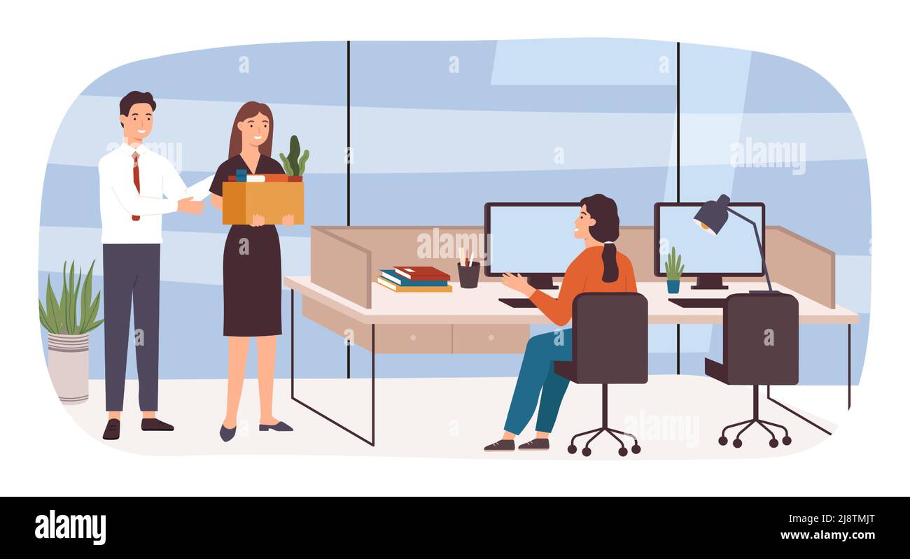 Office hire new employee. Manager introducing female worker to colleague. Woman employee starting working career at company Stock Vector