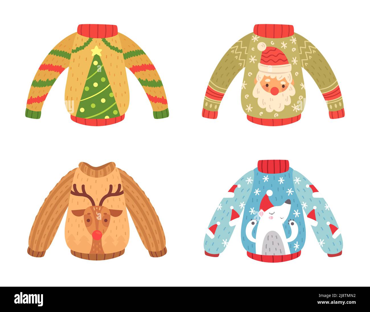Cartoon christmas party jumpers decorated fir tree, Santa Claus, reindeer and bear design. Cute warm sweaters for winter holiday Stock Vector
