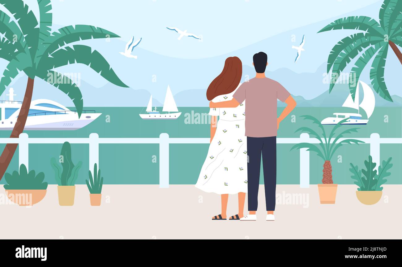 2205 S ST Couple people on terrace of tropical on sea quay Stock Vector