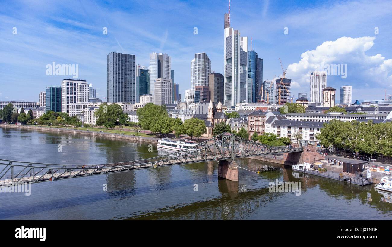The Iron Footbridge or Eiserner Steg and Downtown Frankfurt, Germany Stock Photo