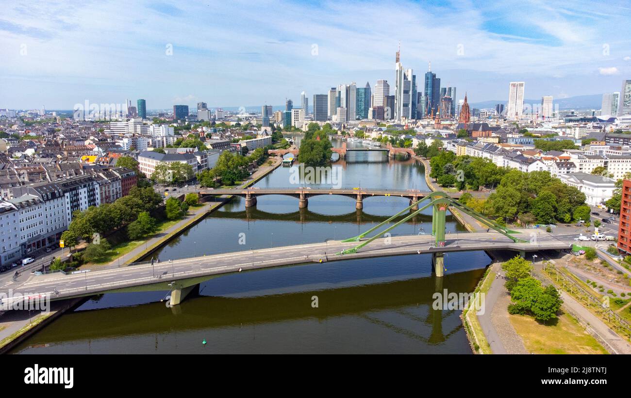 Downtown Frankfurt and bridges over the Main river, Frankfurt, Germany Stock Photo