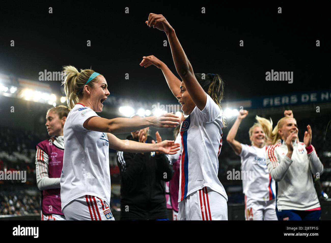Ellie Carpenter and Catarina Macario celebrates the victory after win the UEFA Women's Champions League, semi-finals, 2nd leg football match between P Stock Photo