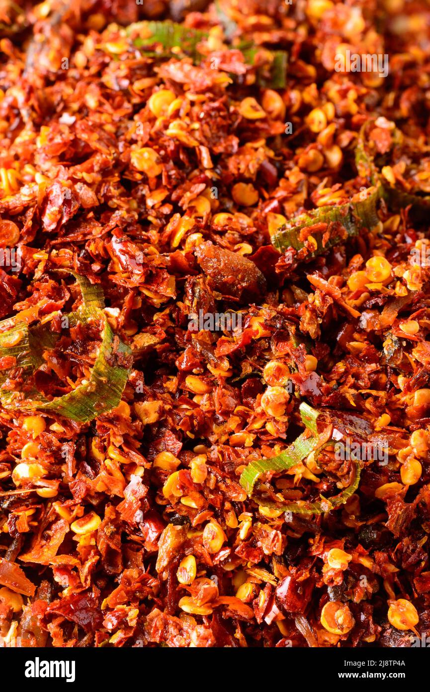 red chili sambol or spicy condiment, made with chili peppers and maldive fish, taken in shallow depth of field Stock Photo