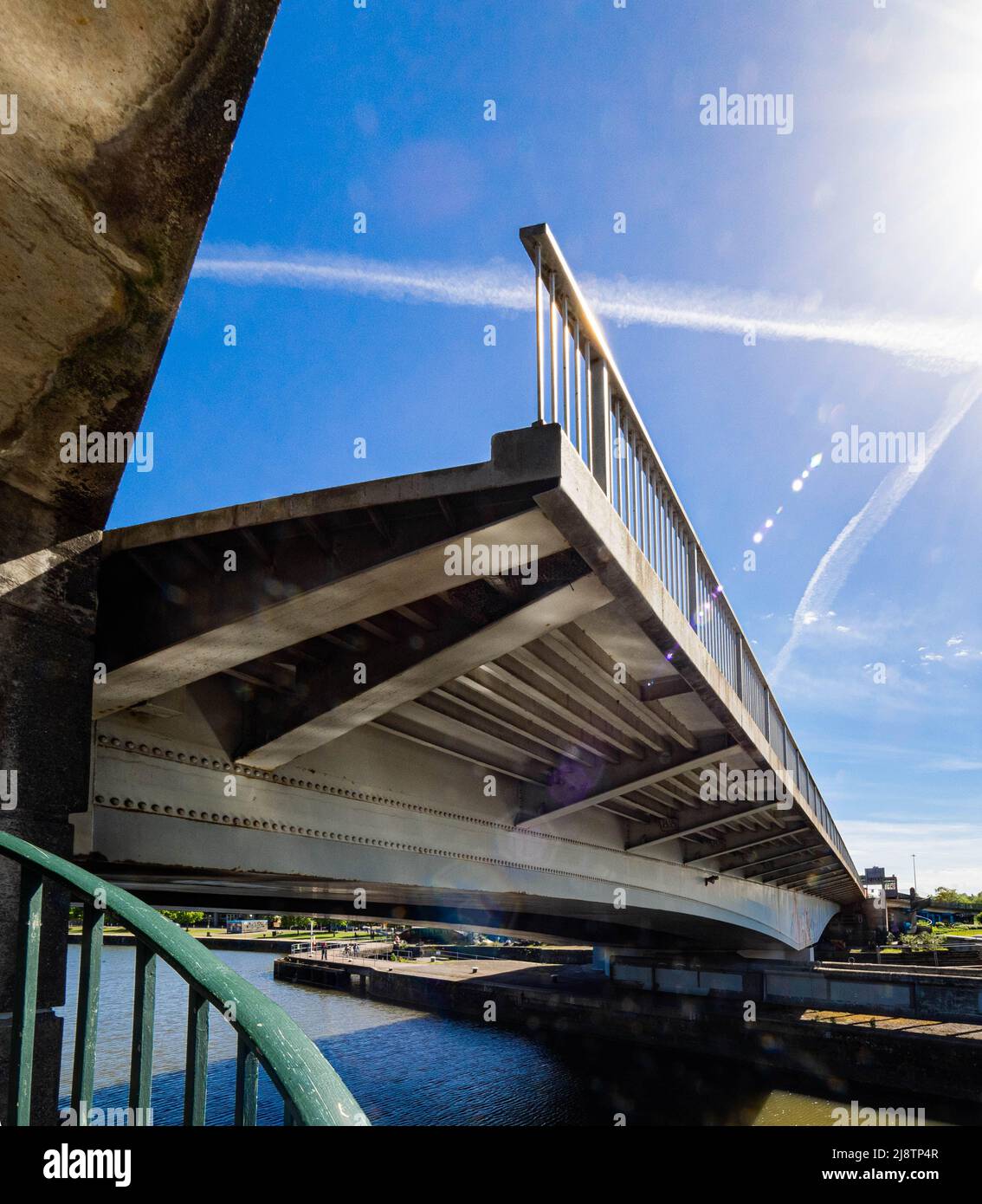 Plimsoll Bridge swinging open to allow boats to pass between the Cumberland Basin and Brunel Lock and tidal reaches of the River Avon in Bristol UK Stock Photo