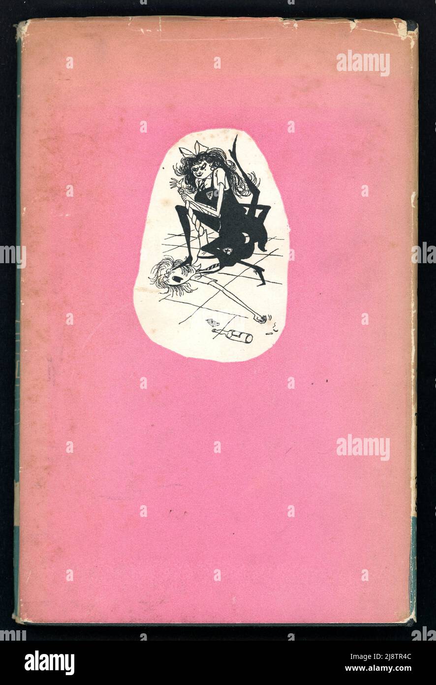 Reverse of a copy of the illustrated dustjacket of the book 'The Terror of St Trinian's' - illustration by Ronald Searle, (who was also the creator of  St. Trinian's School) written by Timothy Shy (pen name for D. B. Wyndham Lewis),1952 Stock Photo