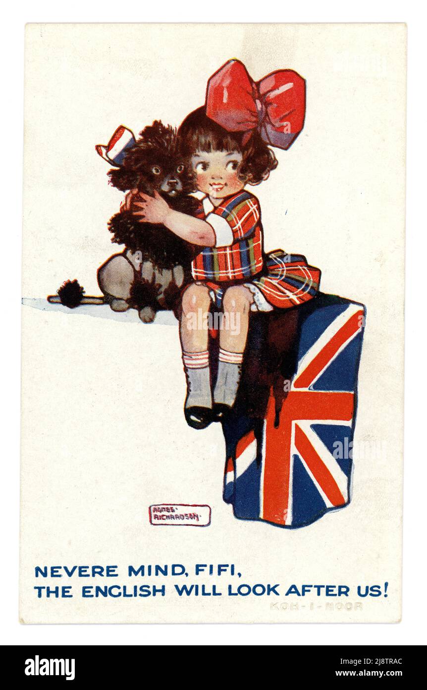 Original WW1 era Agnes Richardson cartoon postcard of cute little French girl wearing Union Jack colours saying 'never mind Fifi, the English will look after us' Union Jack draped at her side, she hugs a French poodle which is wearing a bow bearing the colours of the French flag, U.K. 1915 ,1916 Stock Photo