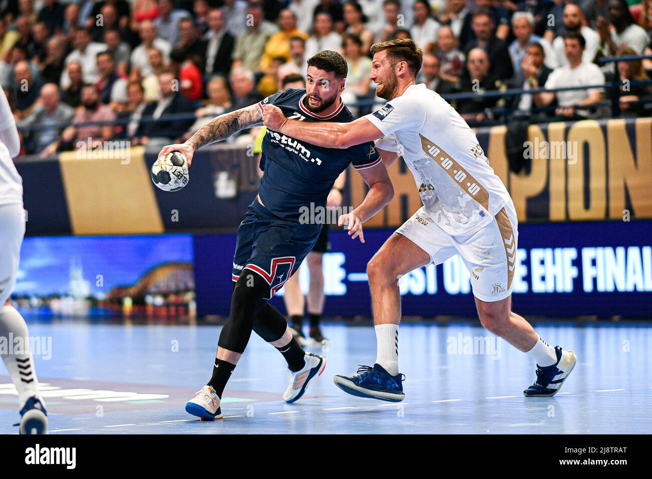 ELOHIM PRANDI and HARALD REINKIND during the EHF Champions League, Quarter-finals, 1st leg handball match between Paris Saint-Germain (PSG) and THW Ki Stock Photo