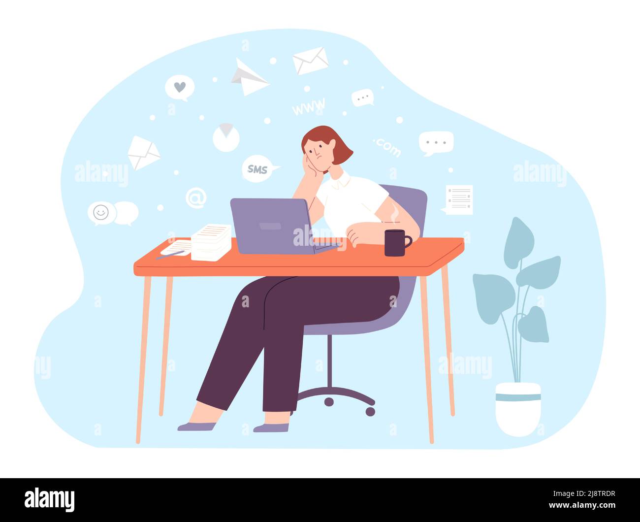 Information overload. Woman sitting at desk with laptop having much work. Stressed female character working with documents Stock Vector