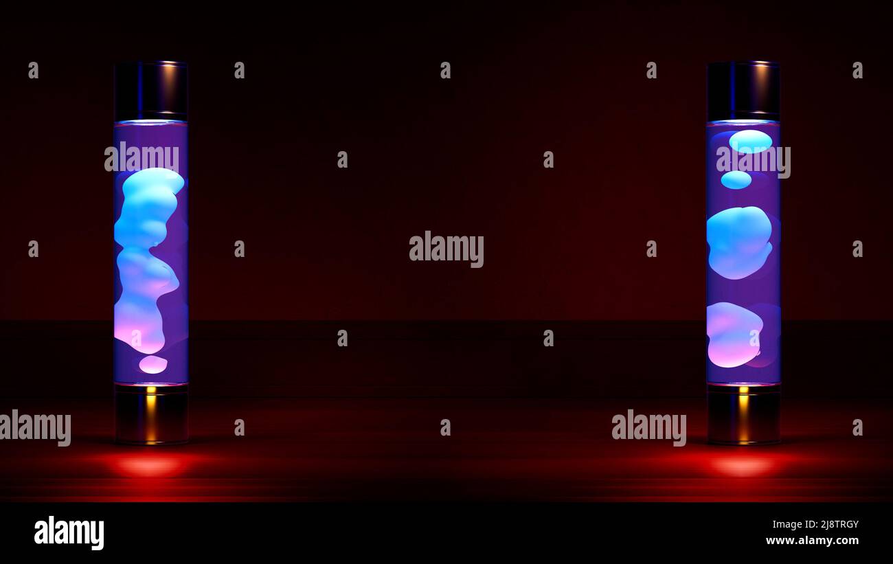 Two blue lava lamp glowing on dark bg with free space abstract 3D