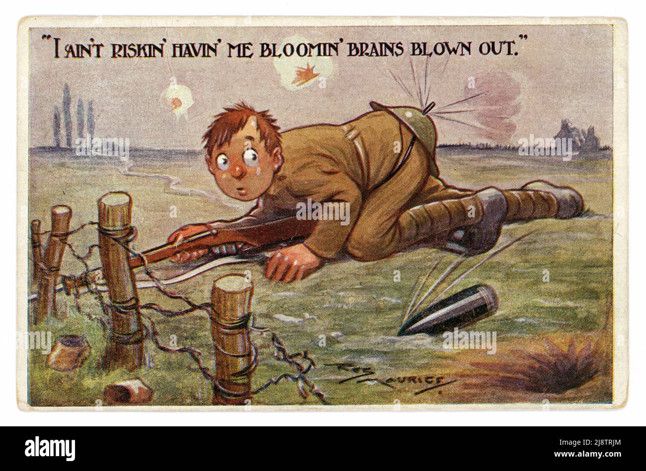 Original WW1 era cheeky trench humour comic cartoon postcard of a soldier at the front with a tin helmet over his backside, brains blown out joke, 1914-1918. Stock Photo