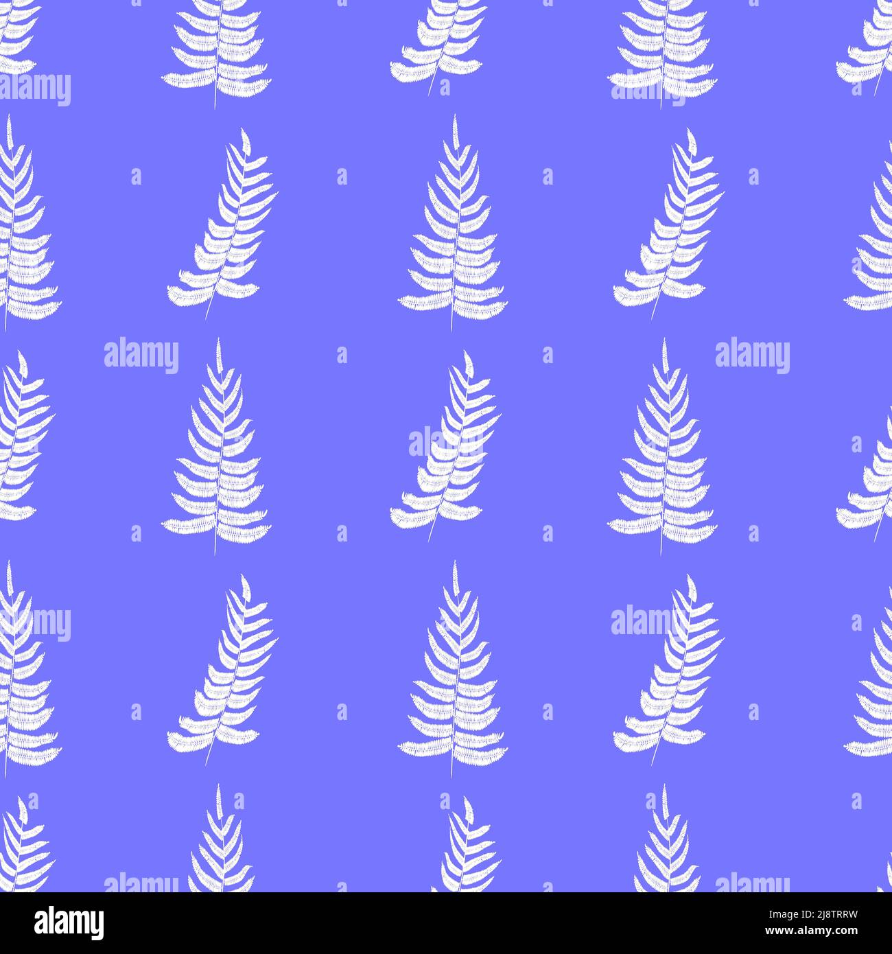 Very peri seamless pattern with white fern silhouette. Trendy 2022 ornament with floral elements. For textiles and wallpapers. Purple color background Stock Photo