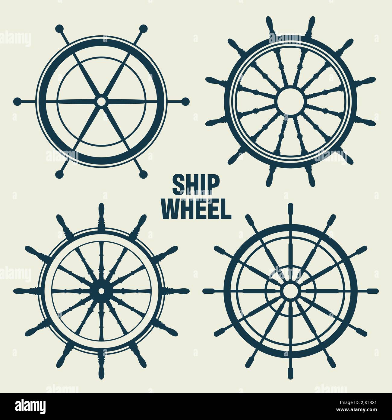 Collection of vintage steering wheels. Ship, yacht retro wheel symbol