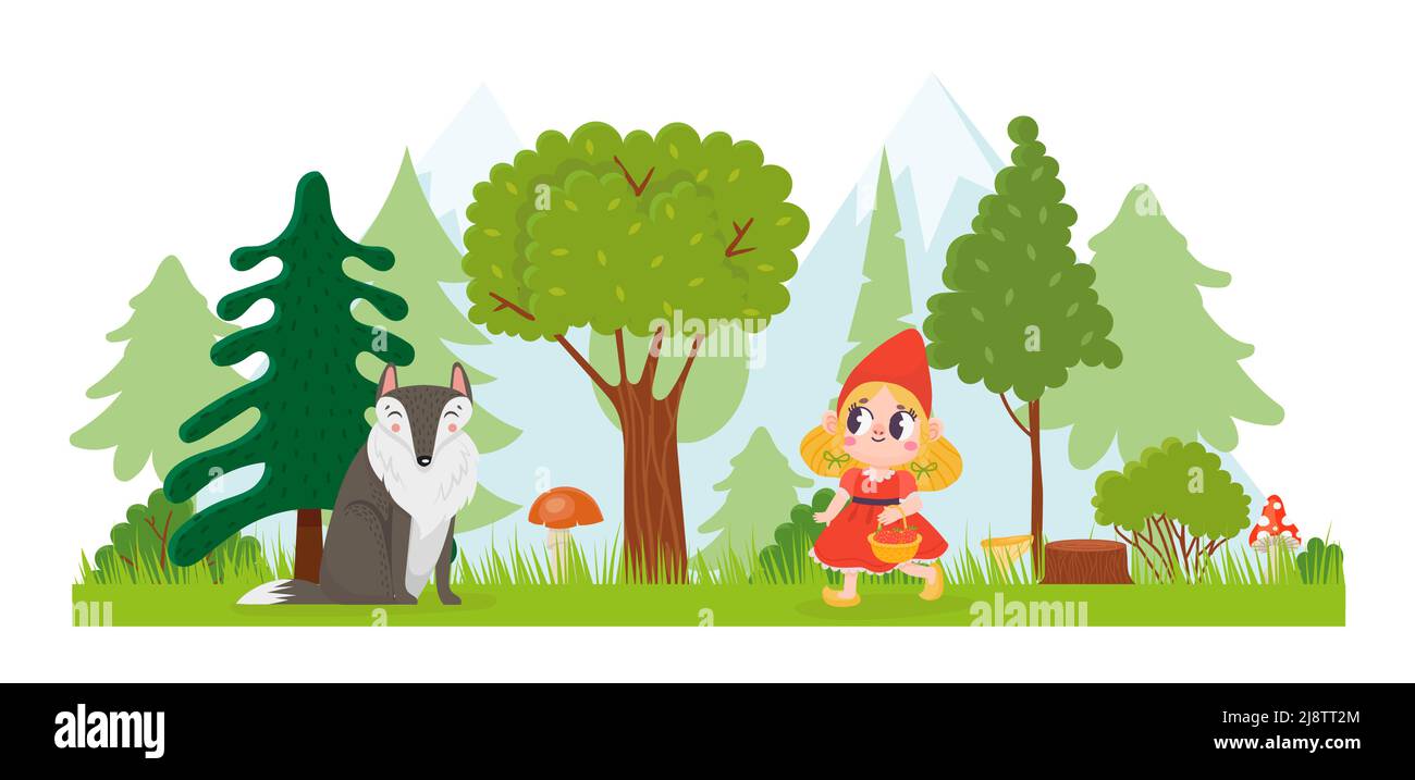 Little Red Riding Hood. Girl walking with basket in forest. Wolf animal sitting among trees. Fairytale with happy child Stock Vector