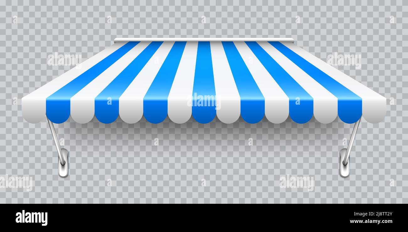Shop sunshade with metal mount. Realistic blue striped cafe awning ...