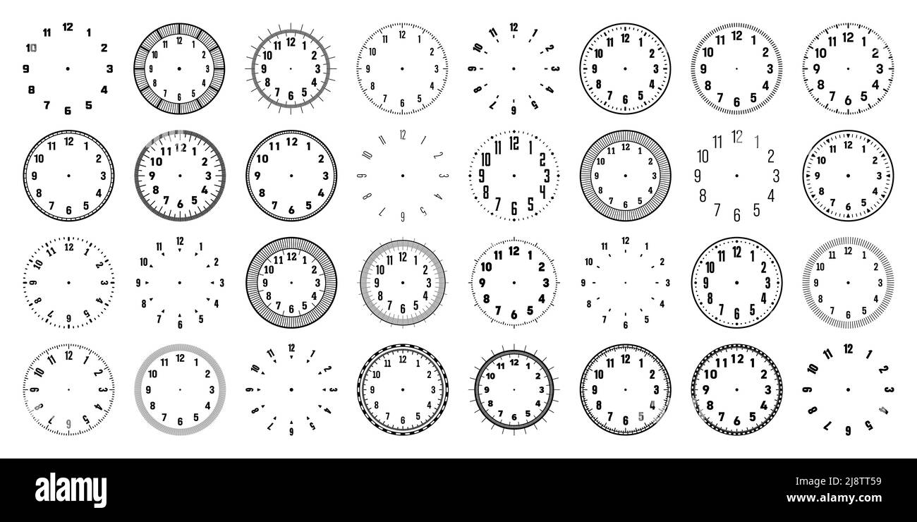 Mechanical clock faces with arabic numerals, bezel. Watch dial with minute, hour marks and