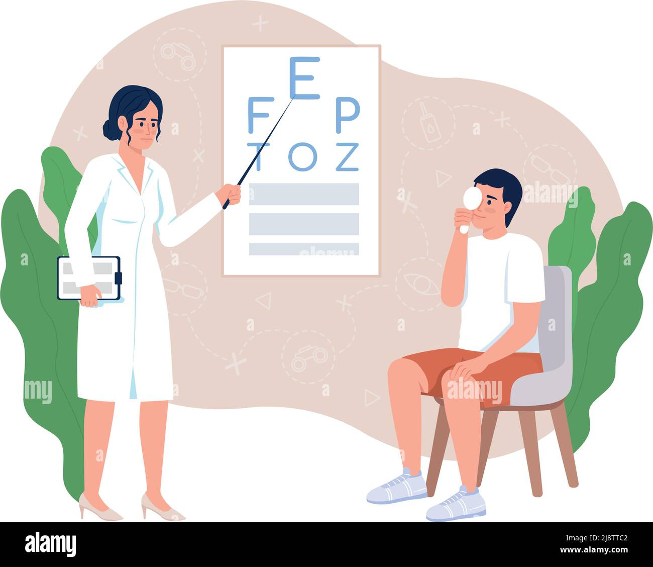 Man undergoing vision checkup with doctor 2D vector isolated illustration Stock Vector