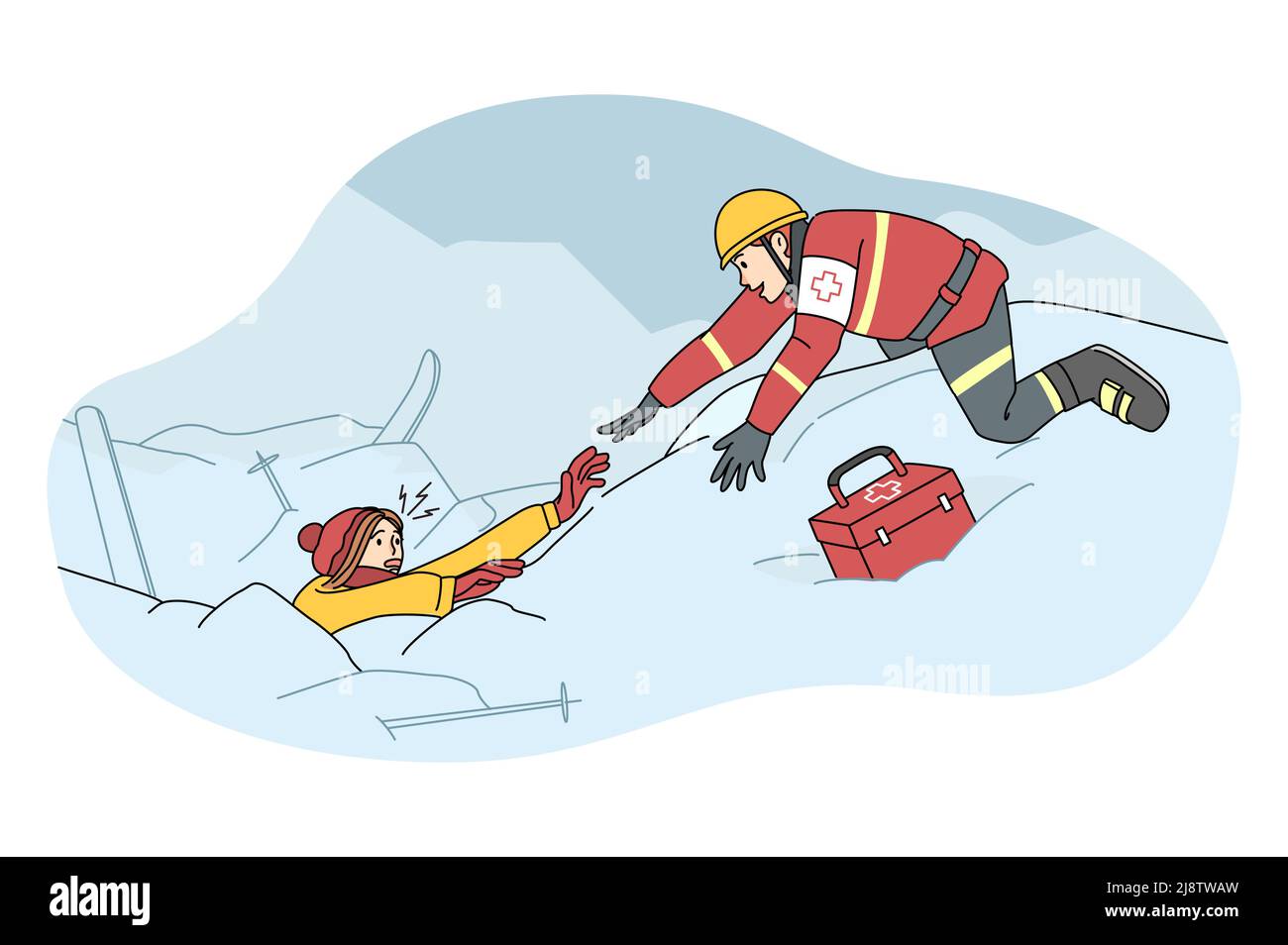 Lifesaver helping skier buried in avalanche after severe snowstorm. Rescuer find people in snow at ski resort. Lifesaving and rescuing operation. Flat vector illustration.  Stock Vector
