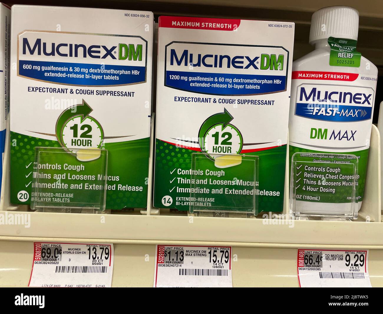 Grovetown, Ga USA - 04 15 22: Retail store medicine section Mucinex 12 hour and price tag Stock Photo