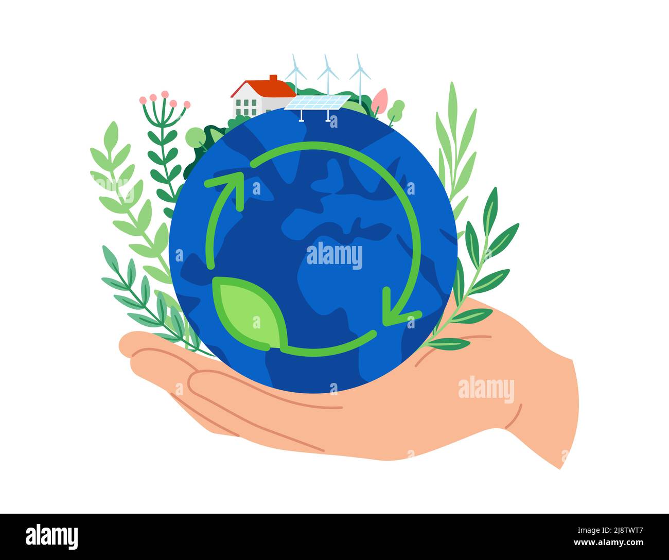 Save the earth concept. Hand holding planet, protecting environment. People taking care of nature , using alternative energy Stock Vector