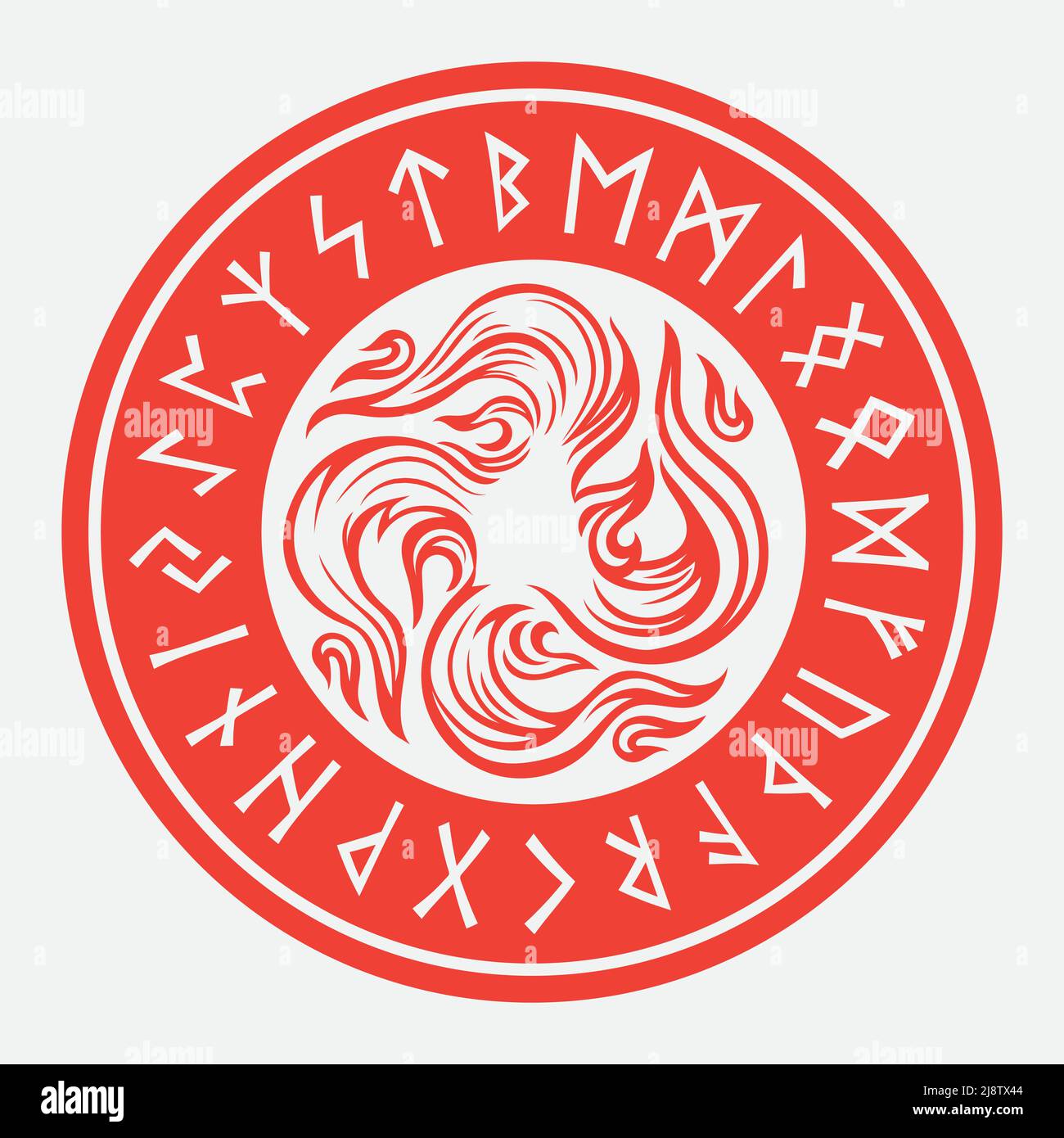 Design in Old Norse style. Fiery, solar cross and a circle of runic symbols Stock Vector
