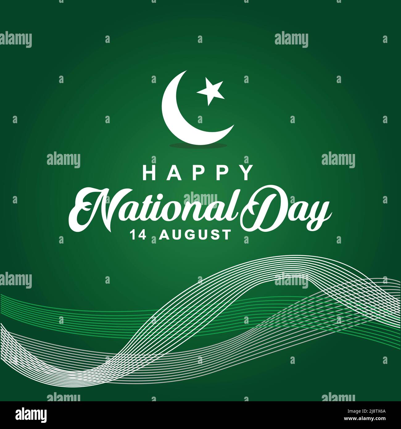 14th August, Happy National day for Pakistan with line art at bottom, in horizontal form on green gradient background Stock Vector