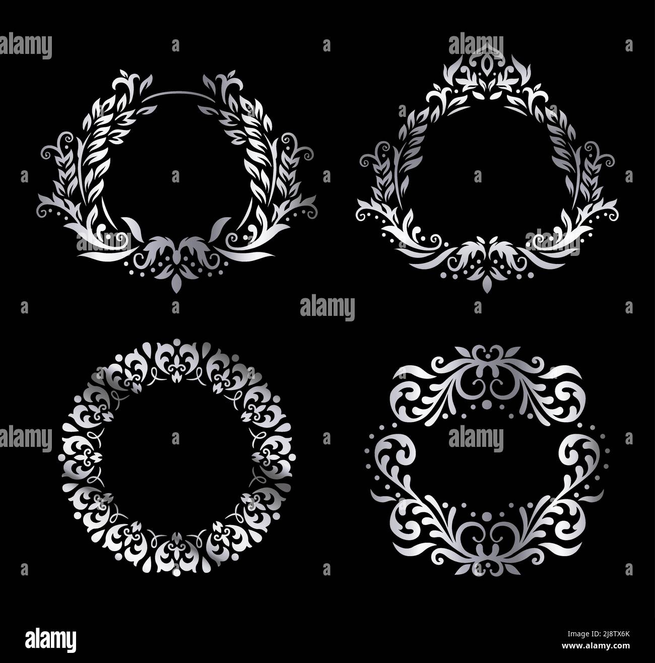 Silver vintage premium framing. Luxury round borders with swirls and natural leaves Stock Vector