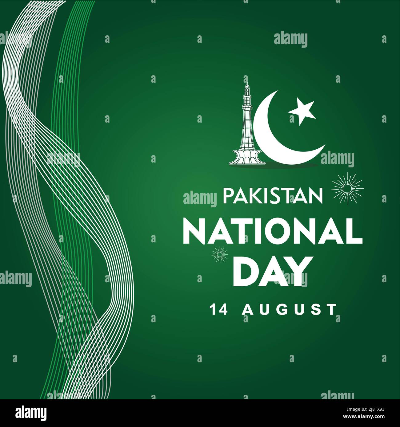 14th August, National day for Pakistan with line art on left side on green gradient background Stock Vector