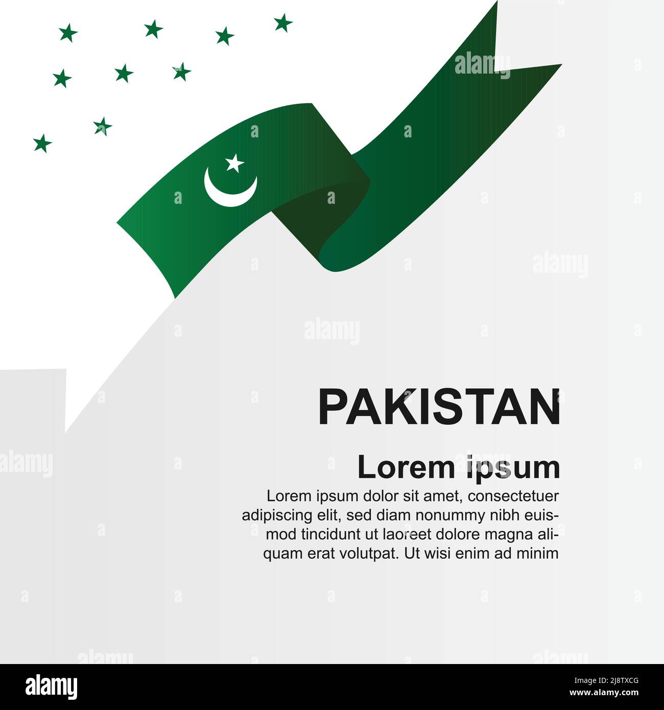Post with text at the bottom, Pakistan flag in ribbon form at top left corner with stars Stock Vector