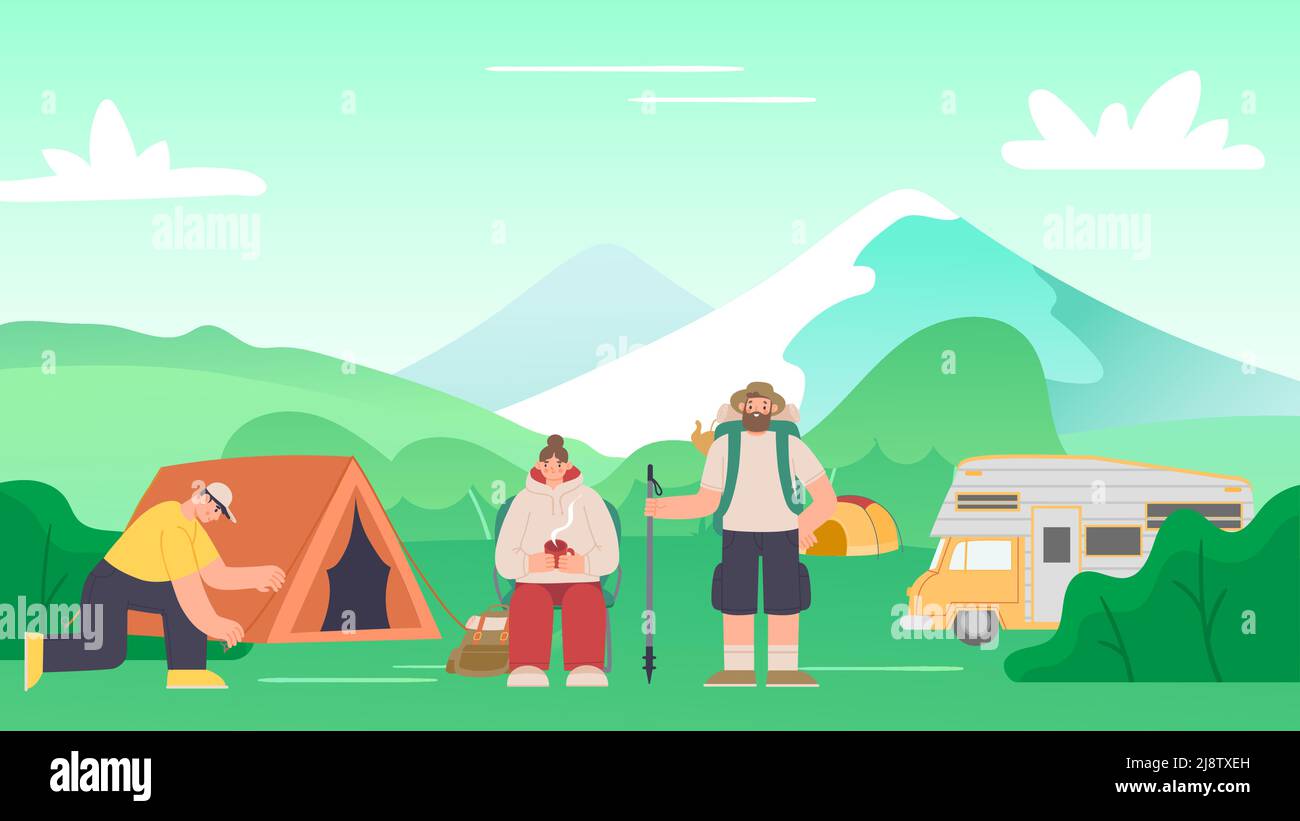 Tourism on nature. Friends camping. Man setting up tent, woman sitting on chair with cup of hot tea. Tourist having outdoor active rest Stock Vector