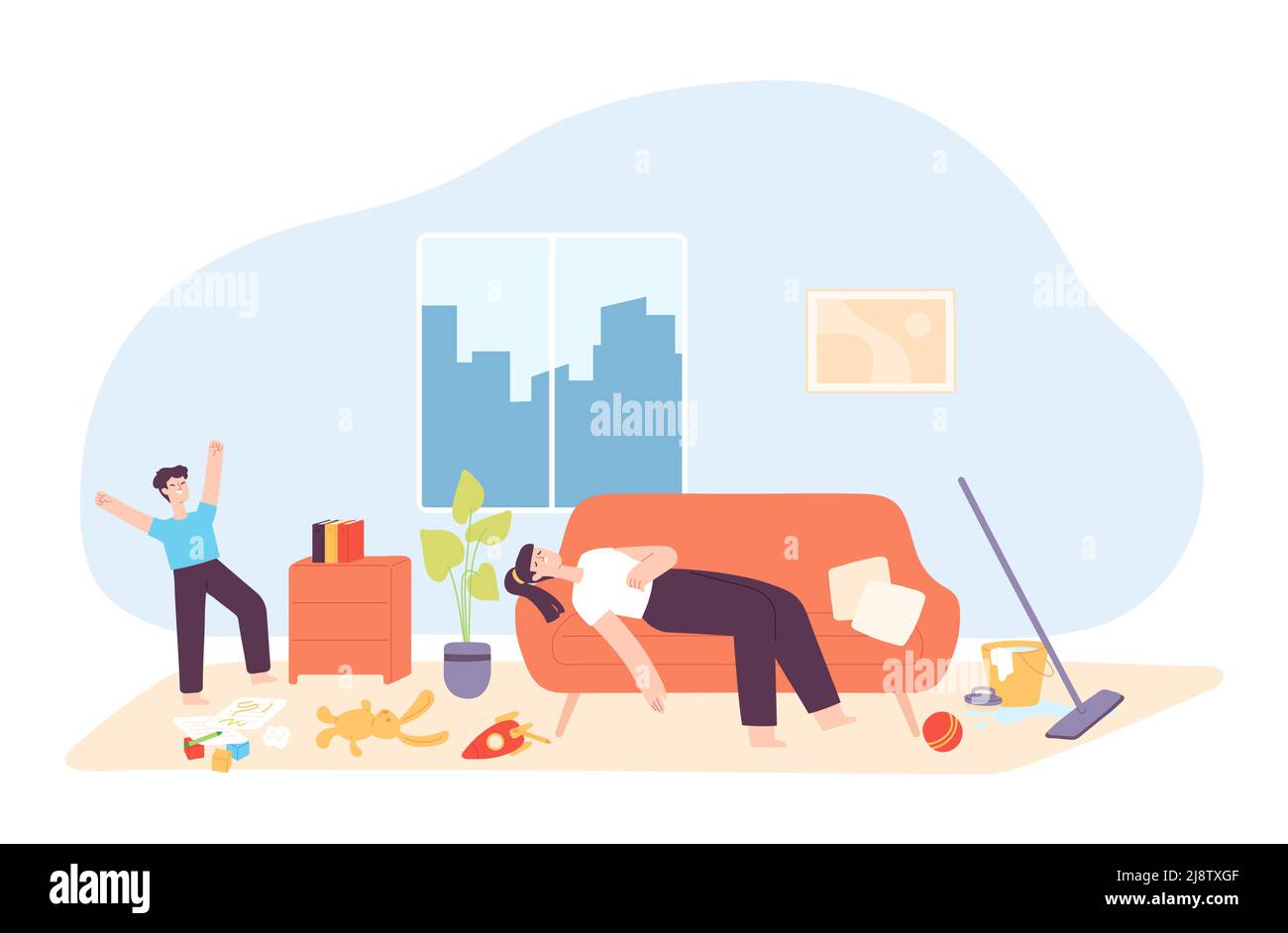 Unhappy women tired from housework. Tired mother lying on sofa in messy room. Cheerful child playing with toys on floor Stock Vector