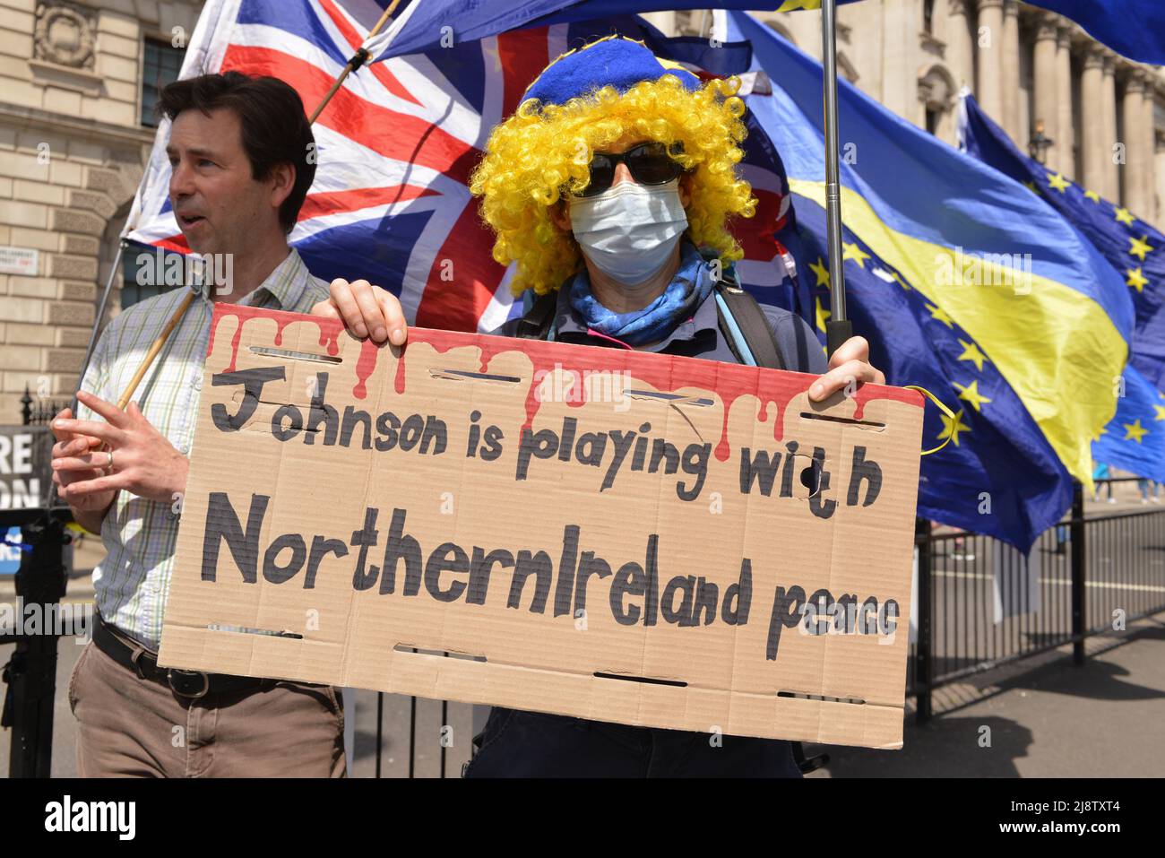 Anti-Brexit activists staged a protest outside the Houses of Parliament in response to reports that the Government is planning to change the Northern Ireland Protocol. Stock Photo