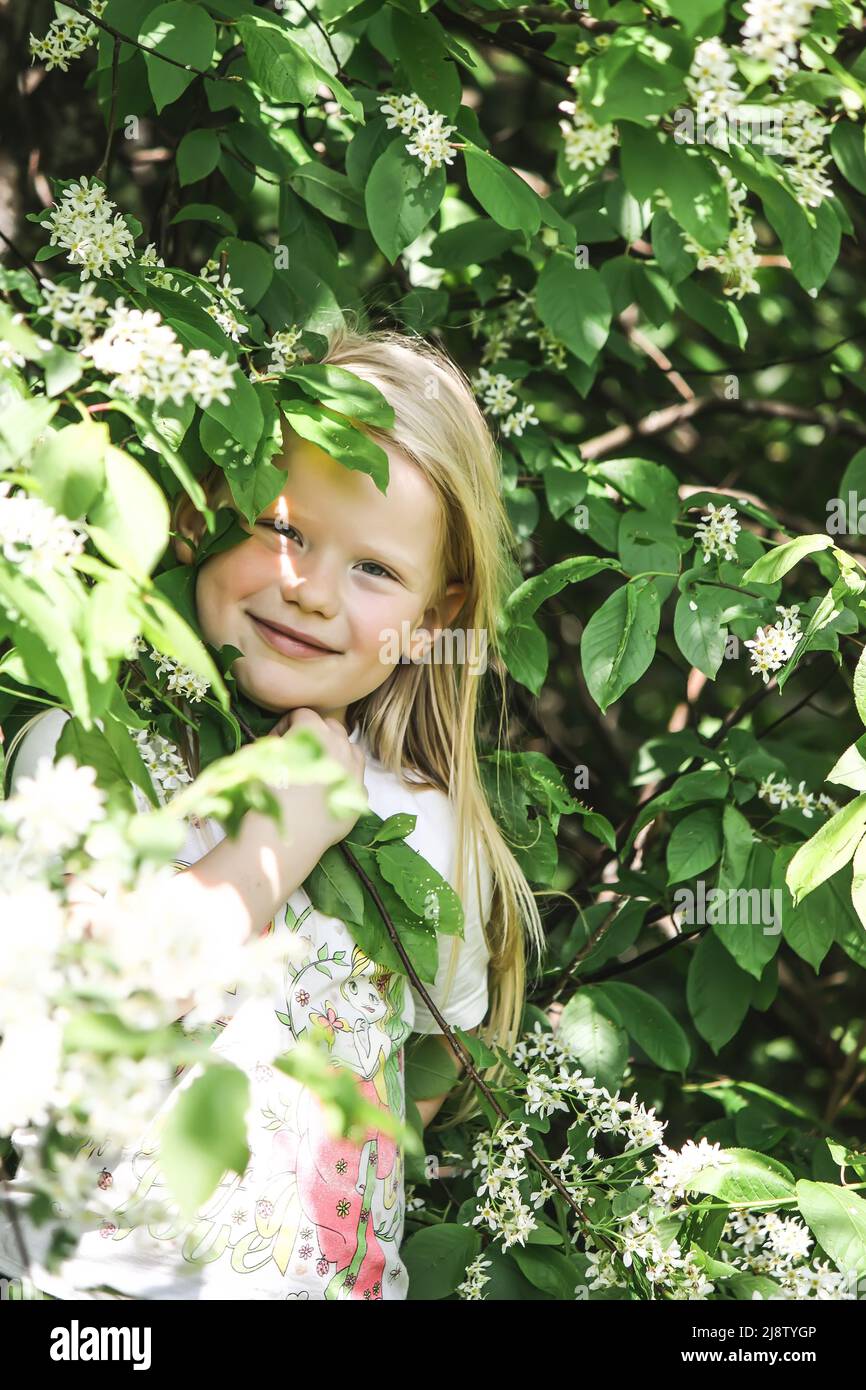 Portrait of little girl with flowers in sunny day Stock Photo - Alamy