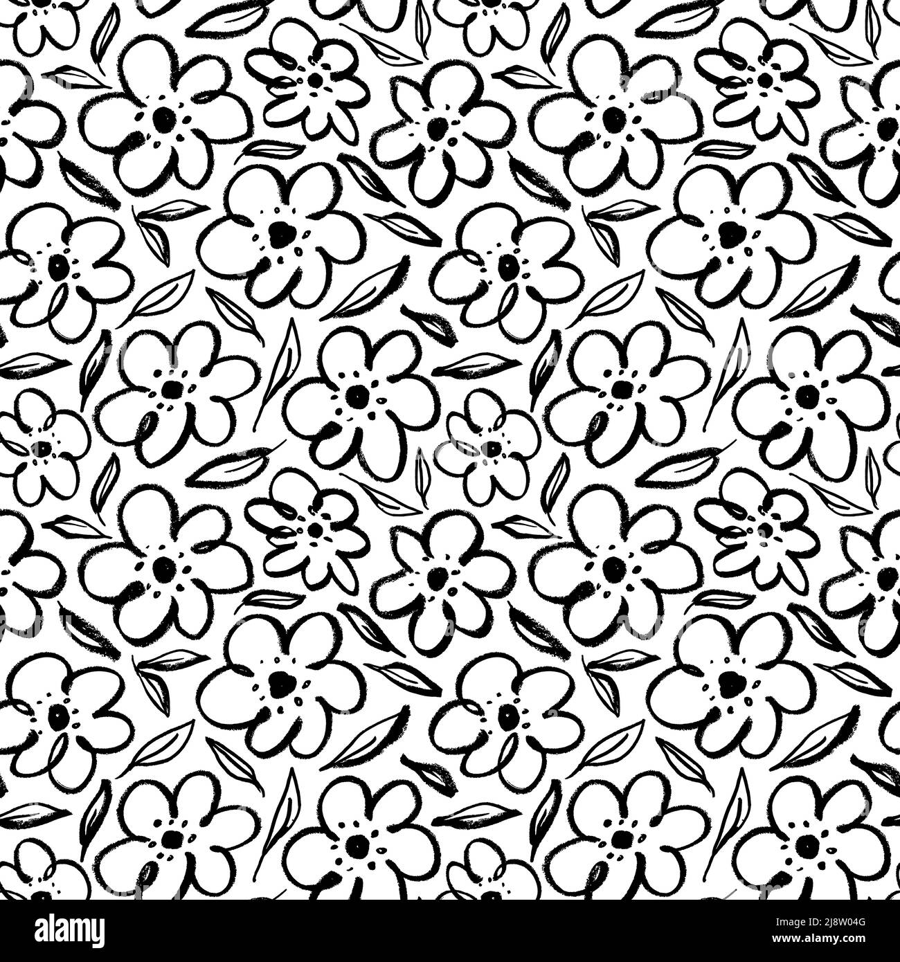 Childish style simple black flowers with leaves. Stock Vector