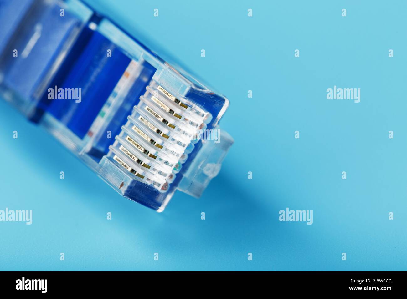 A coil of an Internet network cable for data transmission on a blue background. Patch cord for LAN cable. Stock Photo
