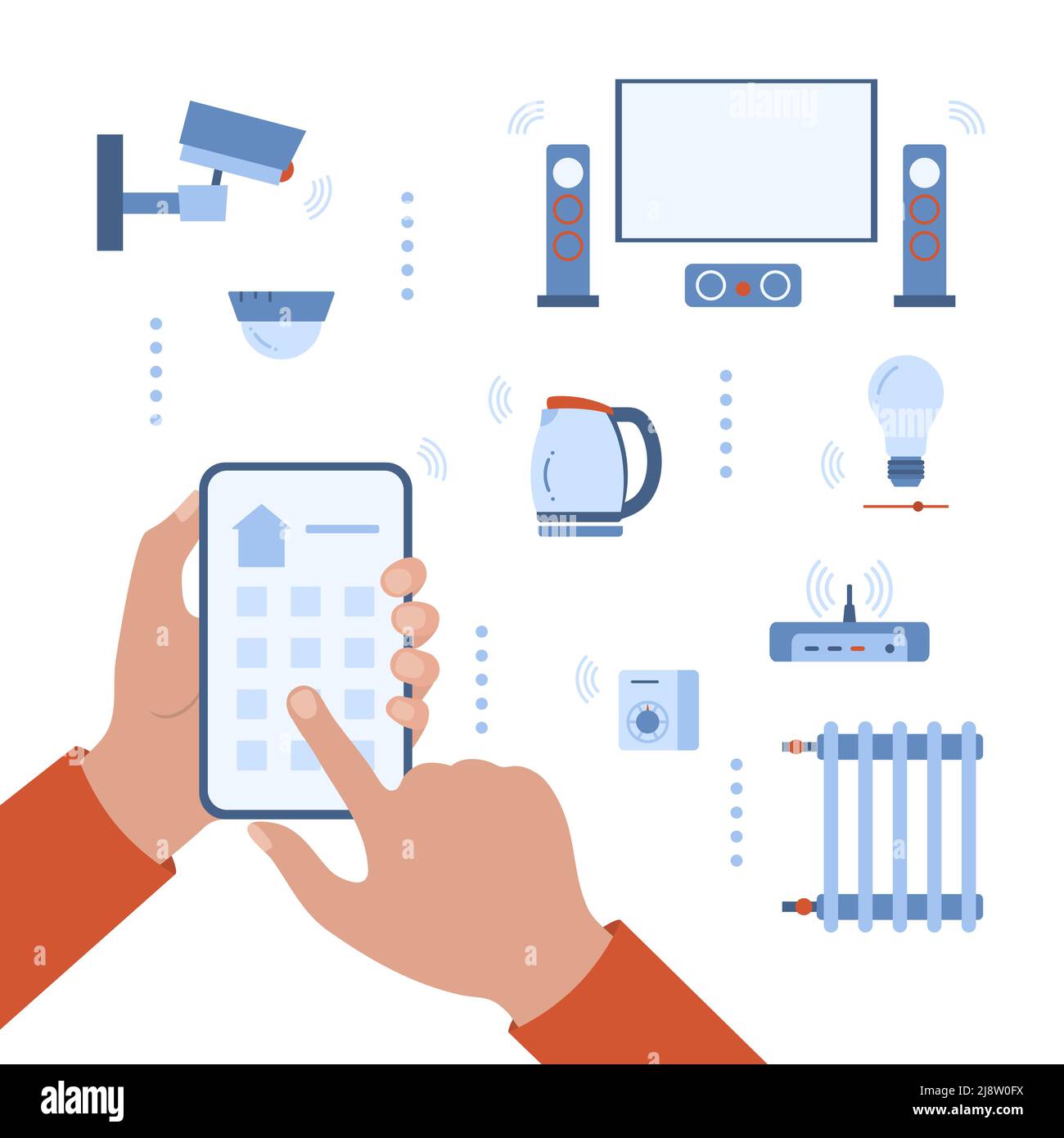 Vector illustration Smart home application concept. Human hands holding