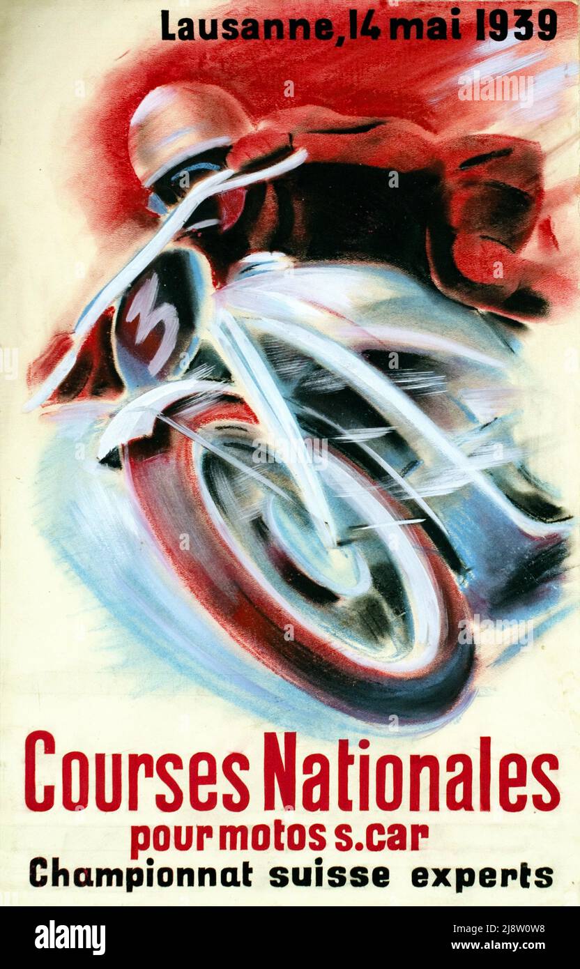 Vintage Race Poster - National motorbike races championships at Lausanne, Switzerland, 1939 Stock Photo
