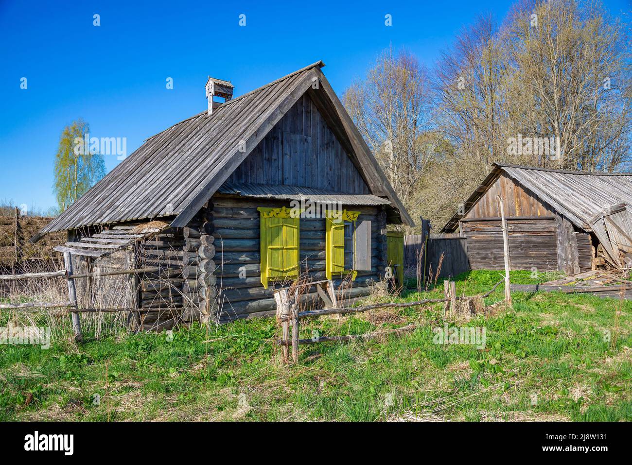 Abandoned wooden houses. Pskov region, Russia Stock Photo